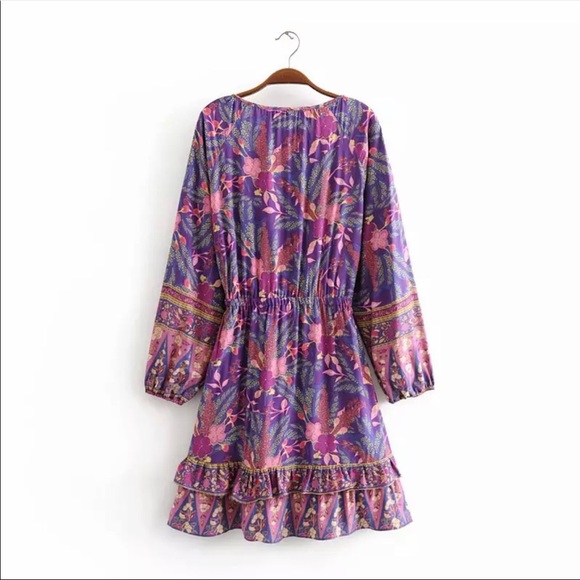 Purple Boho Floral Gypsy Print Dress Long Sleeve - Picture 7 of 16
